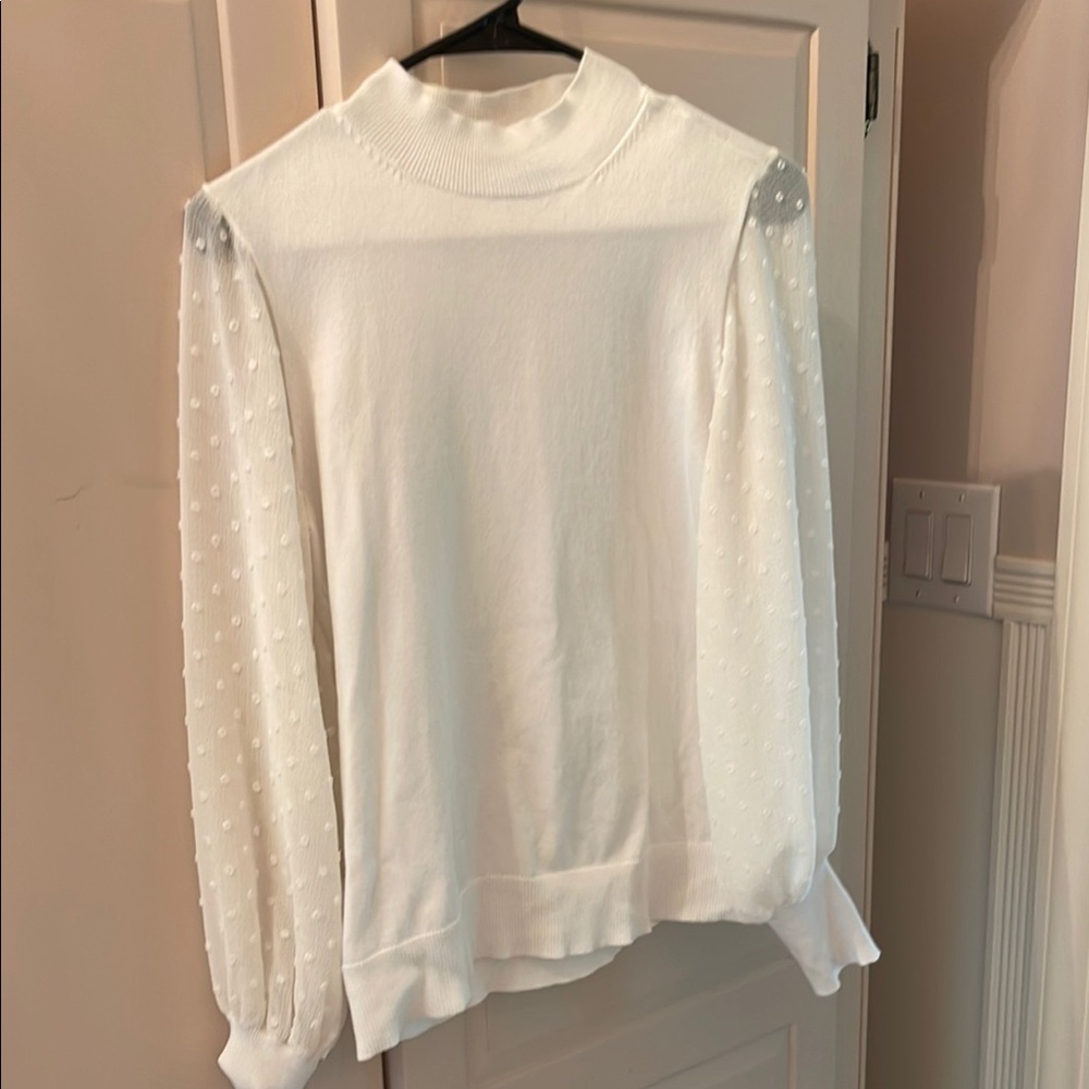 CeCe White Boxy Blouse with Embellished Sleeves